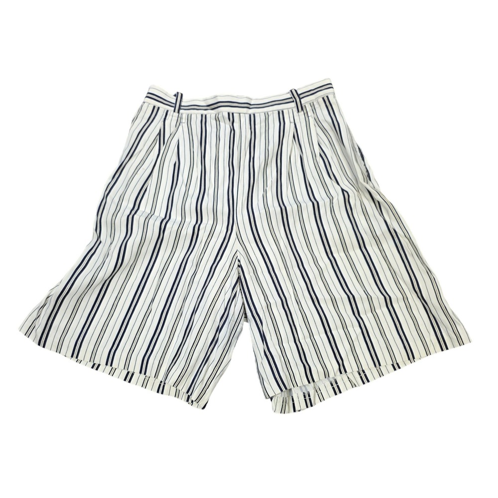 Vintage Kate Allen Petites Pleated Shorts Women's Size 6p White Navy Tan Striped